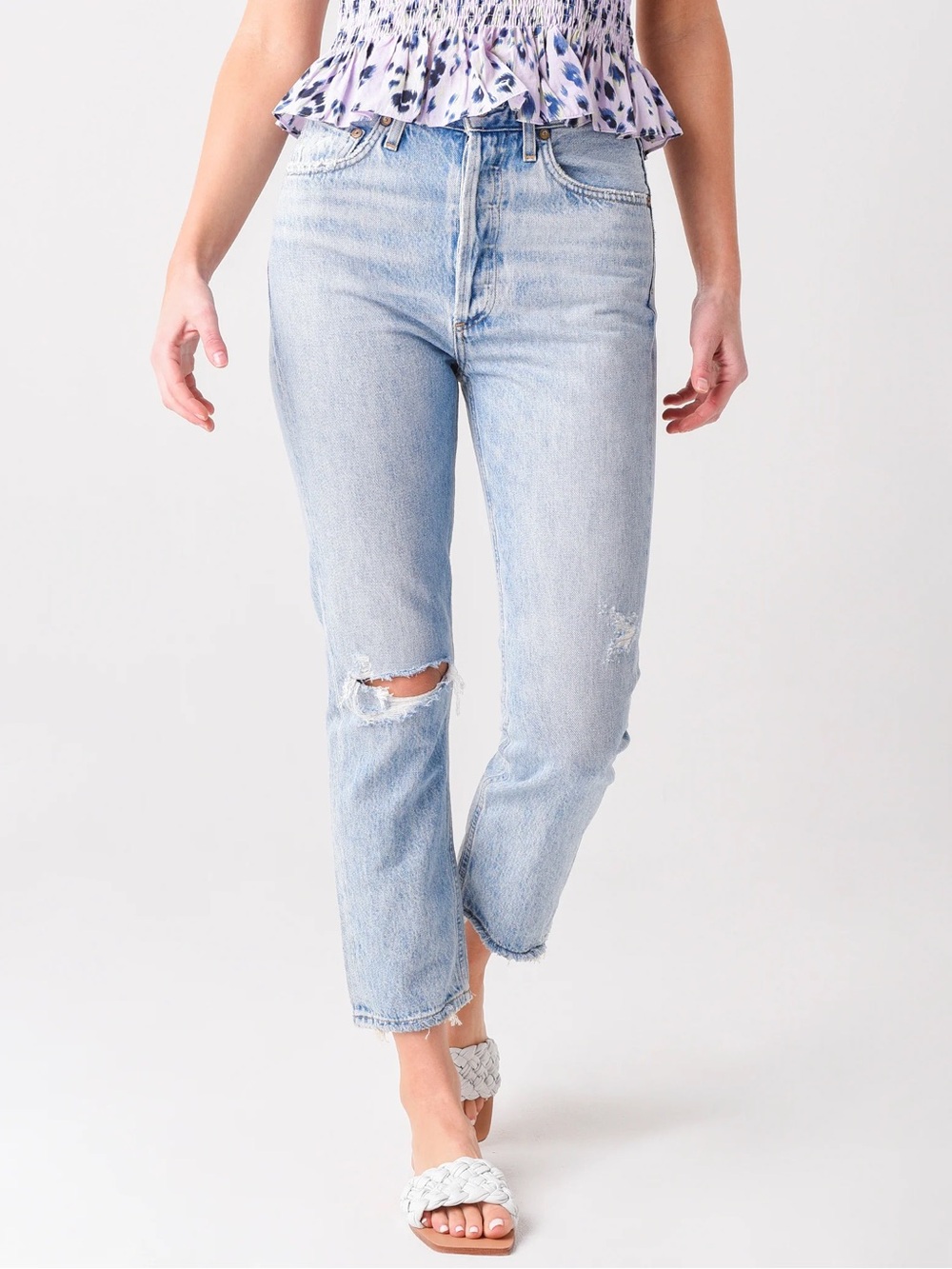 Agolde Denim High Rise Riley Crop Jeans Light Wash Distressed size 25